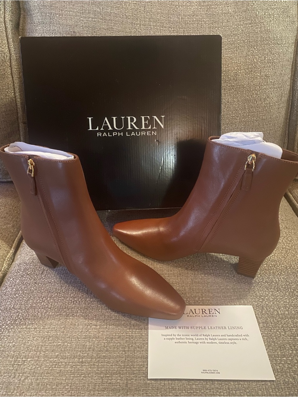 Lauren Ralph Lauren Cognac Leather Pointed Ankle Booties